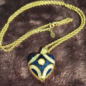 Vintage Joan Rivers Gold Tone Deep Blue Enamel Heaet Locket Necklace